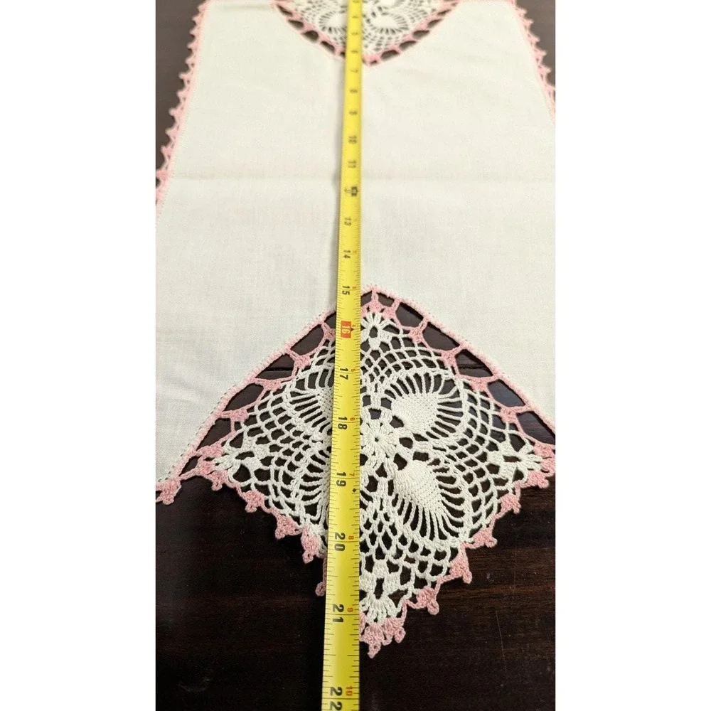 Vintage Pink Crochet Linen Table Runner Set Handmade Lace Napkins Doily 6pc